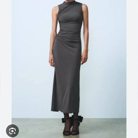 Zara Charcoal/Gray Mock Neck Ruched Draped Maxi Dress - size Large - Picture 5 of 14